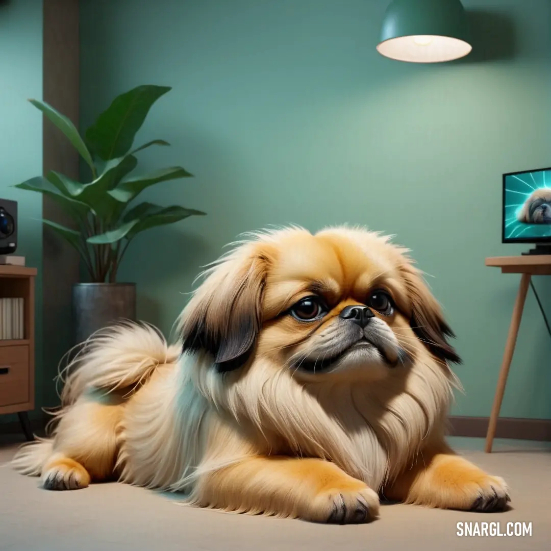 Dog laying on the floor in front of a tv with a dog on it's face and a television on the wall