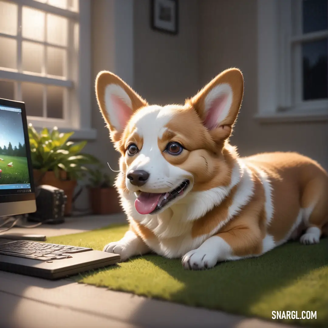 Dog laying on the ground next to a laptop computer and a plant in a pot on the floor