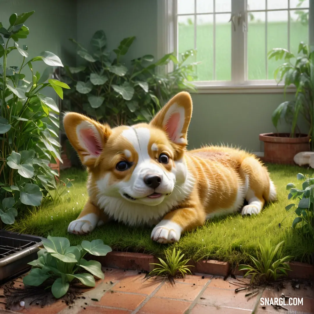 Dog laying on the ground in a room with plants and a window in the background