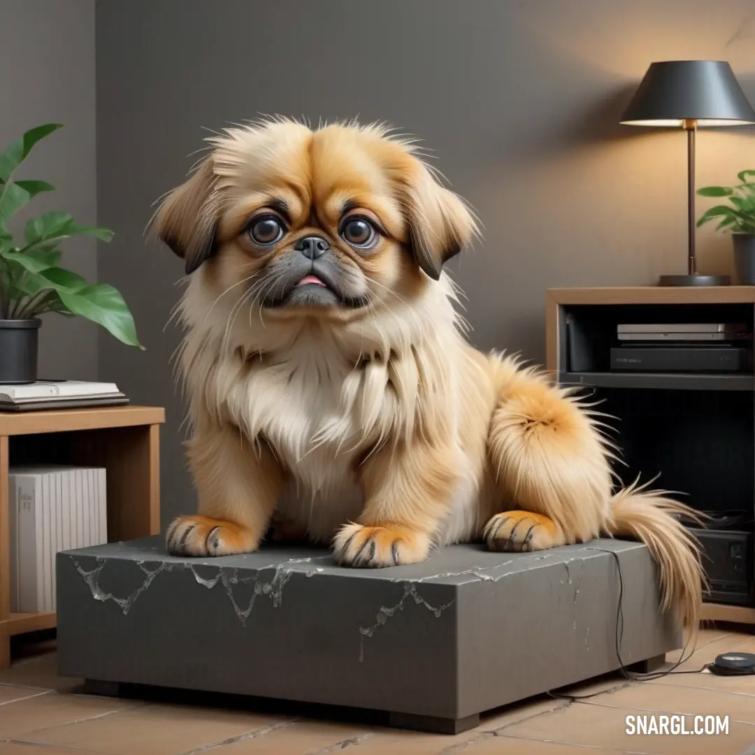Dog on a box in a living room with a lamp on the side of the room and a plant in the corner