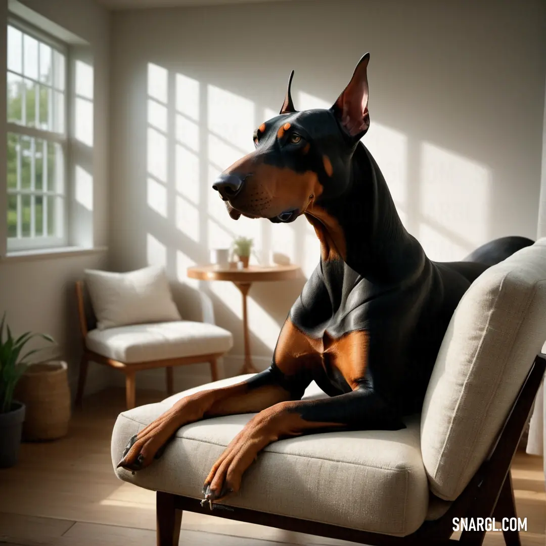 Dog on a chair in a room with a table and chairs in the background and a window
