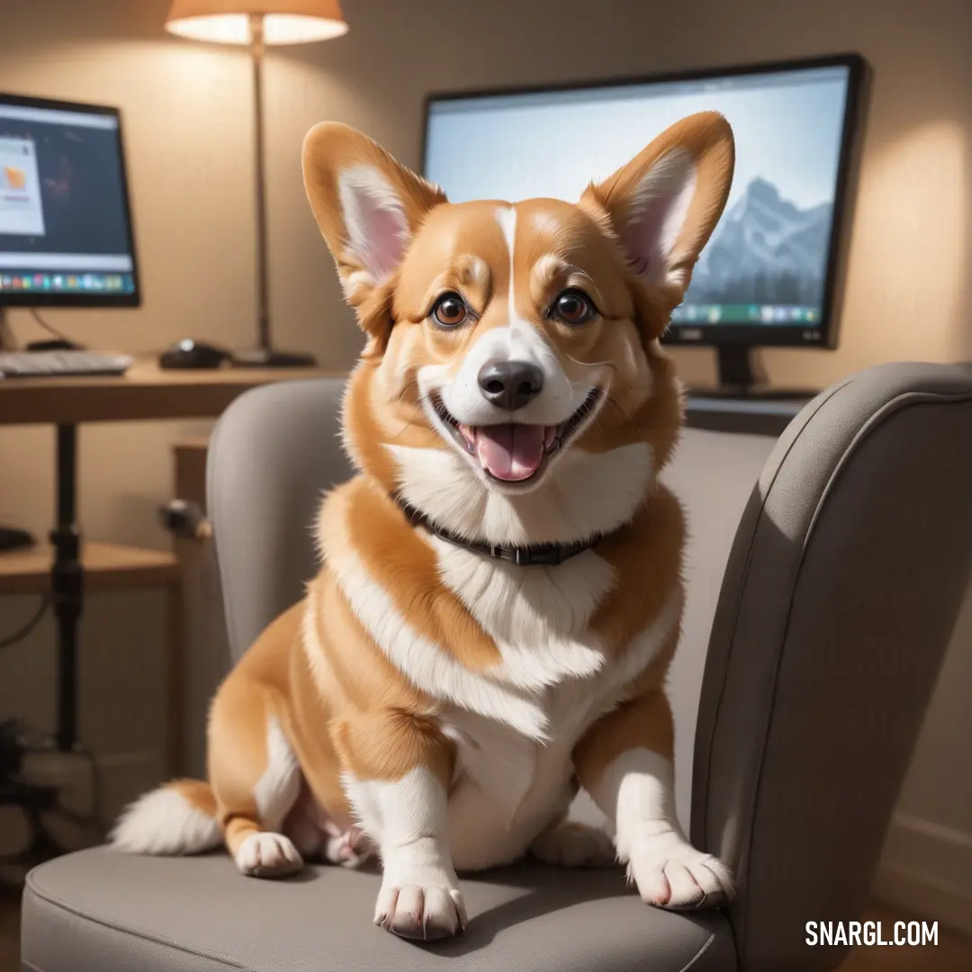 Dog on a chair in front of a computer monitor and keyboard and mouse pad with a smiling face