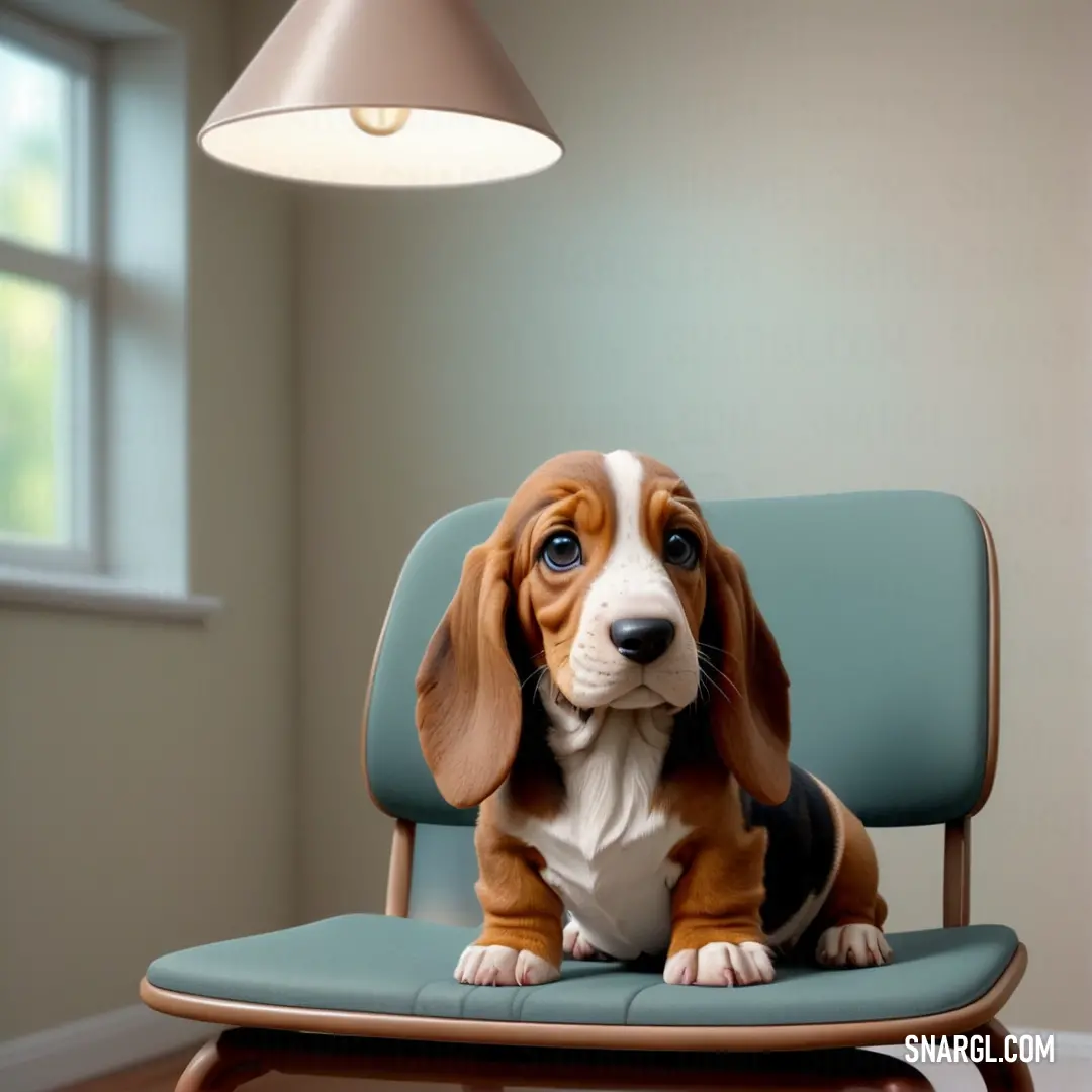 Dog on a chair with a lamp above it