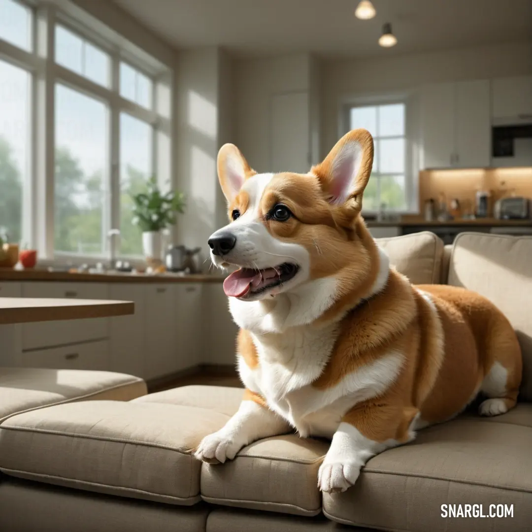 Dog on a couch in a living room with a large window behind it and a kitchen in the background