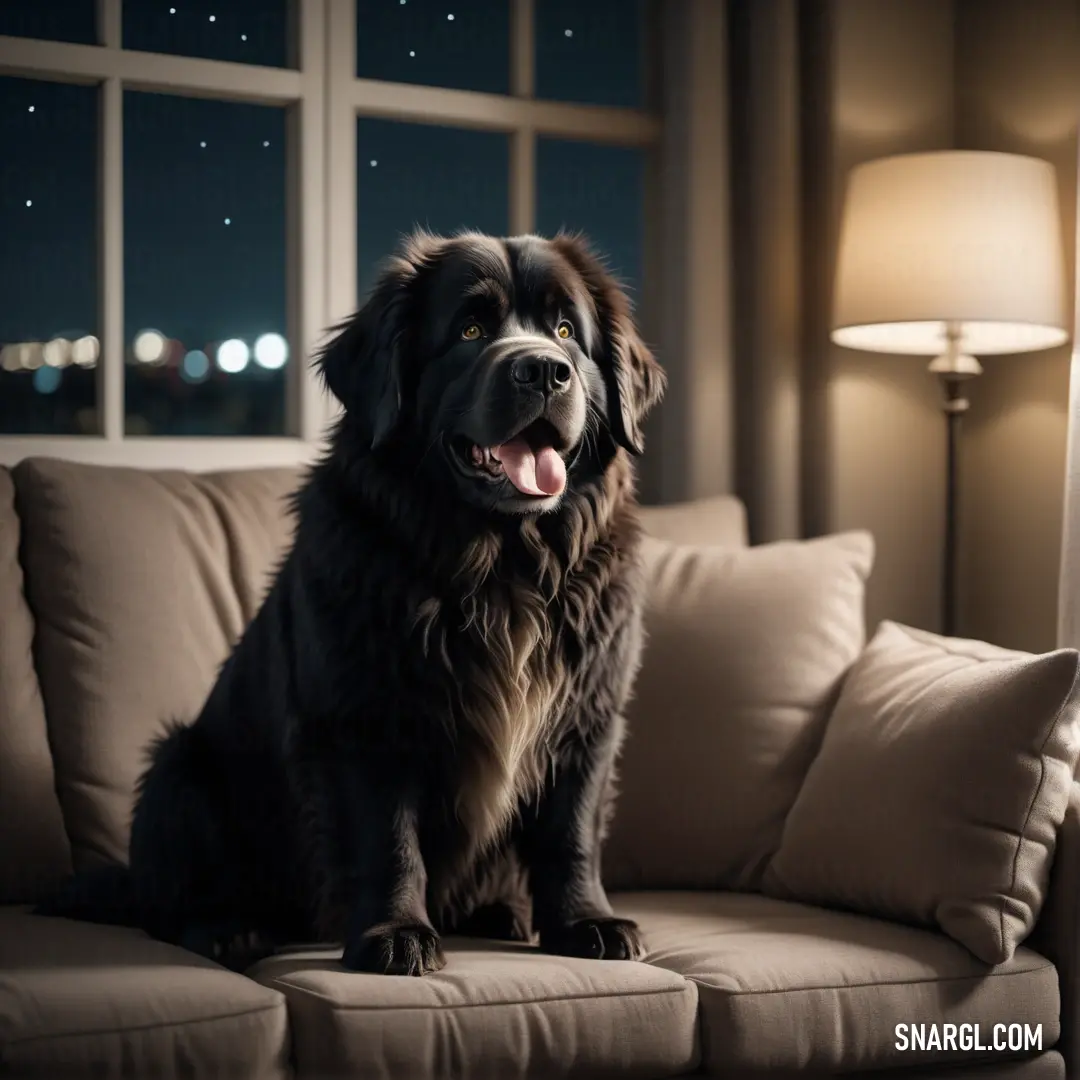 Dog on a couch in a living room with a window and a lamp on the side of the couch