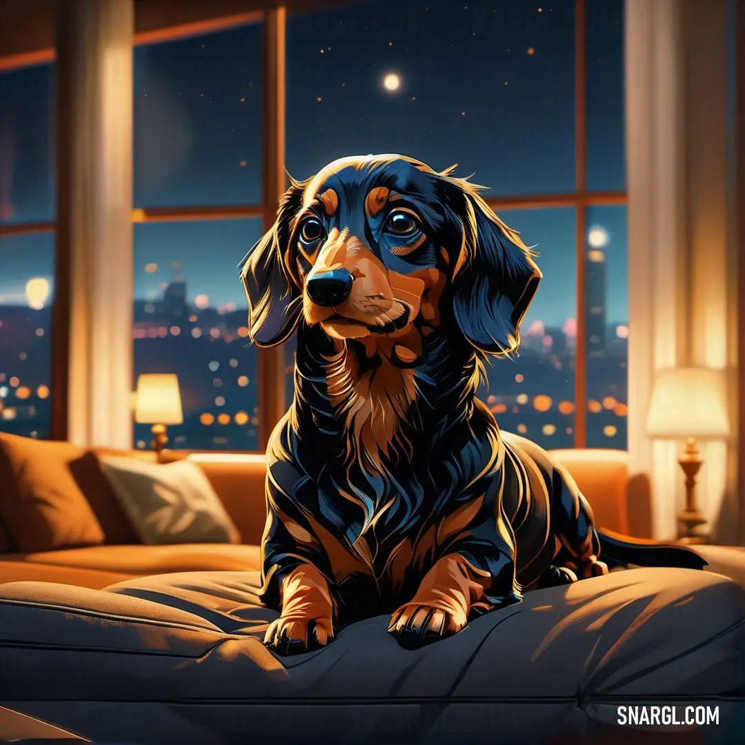 Dog on a couch in front of a window with a city view at night in the background