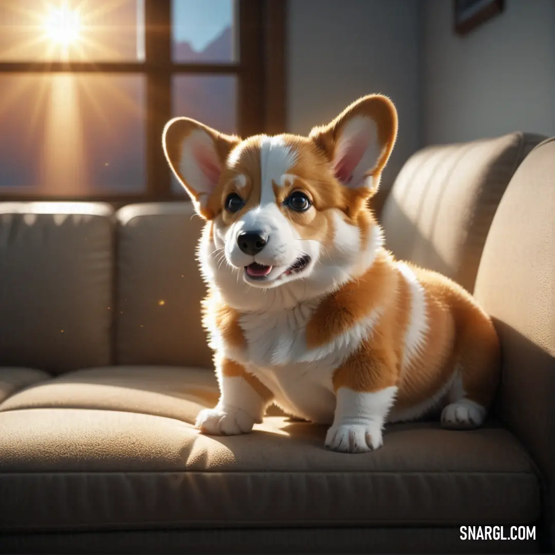 Dog on a couch in front of a window with the sun shining through it's windows