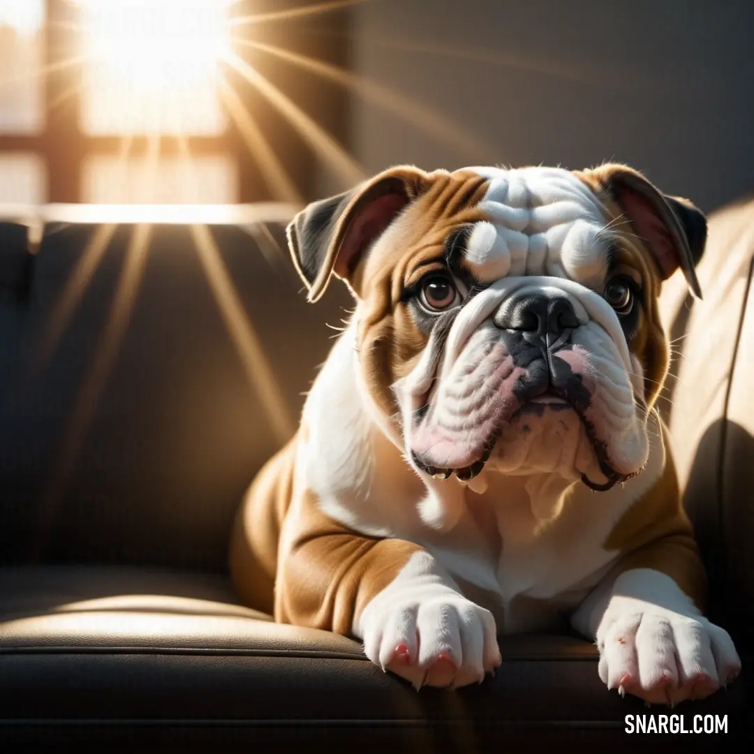 Dog on a couch with the sun shining through the window behind it and a person holding a camera