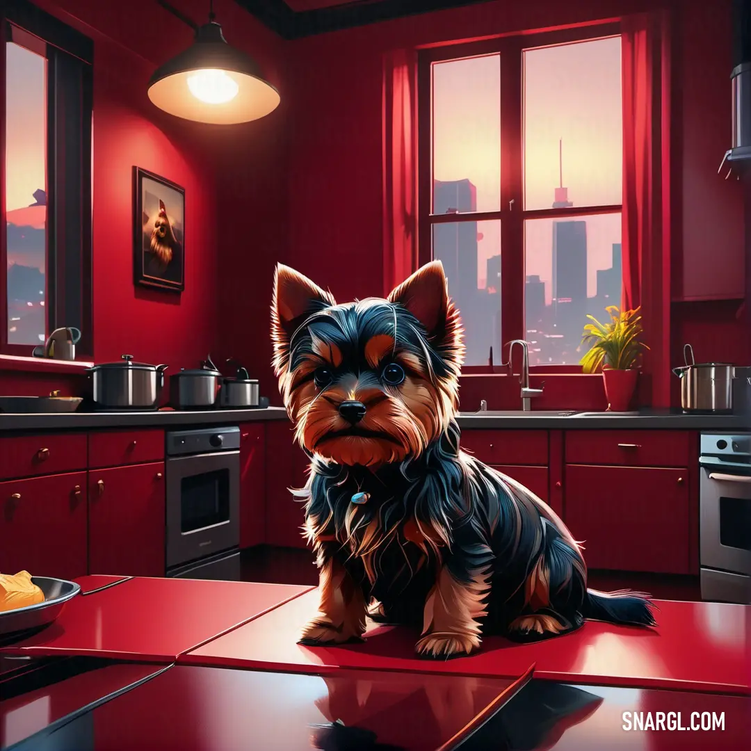 Dog on a counter in a kitchen with a red wall and a red counter top