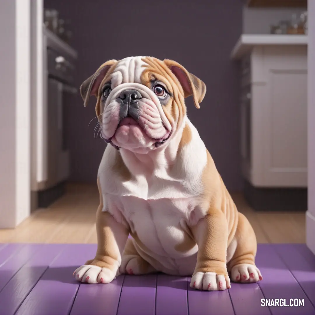 Dog on a purple mat in a kitchen looking up at the camera with a sad look on its face