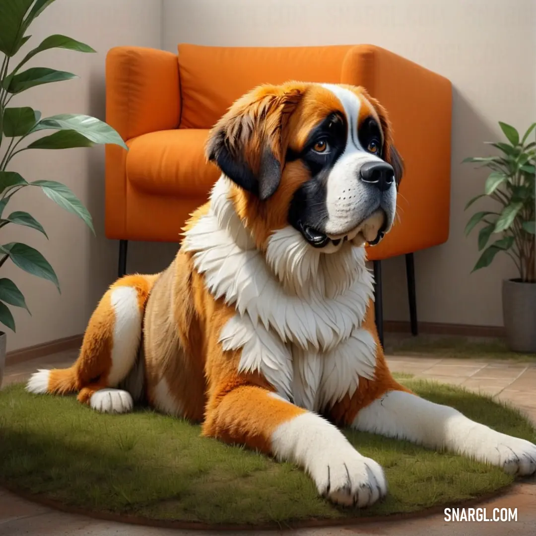 Dog on a rug in a room with a chair and potted plant in the background