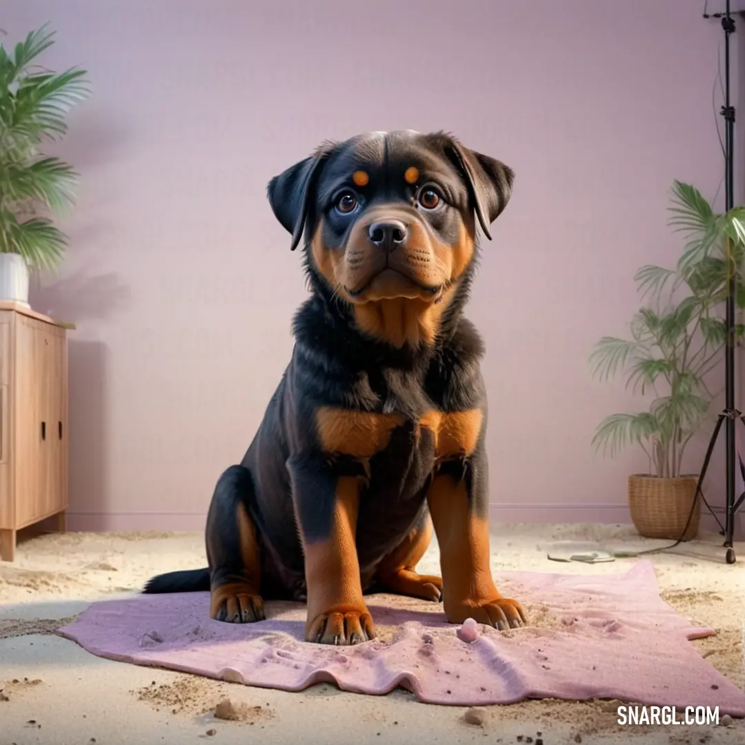 Dog on a rug in a room with a plant in the corner and a pink rug on the floor