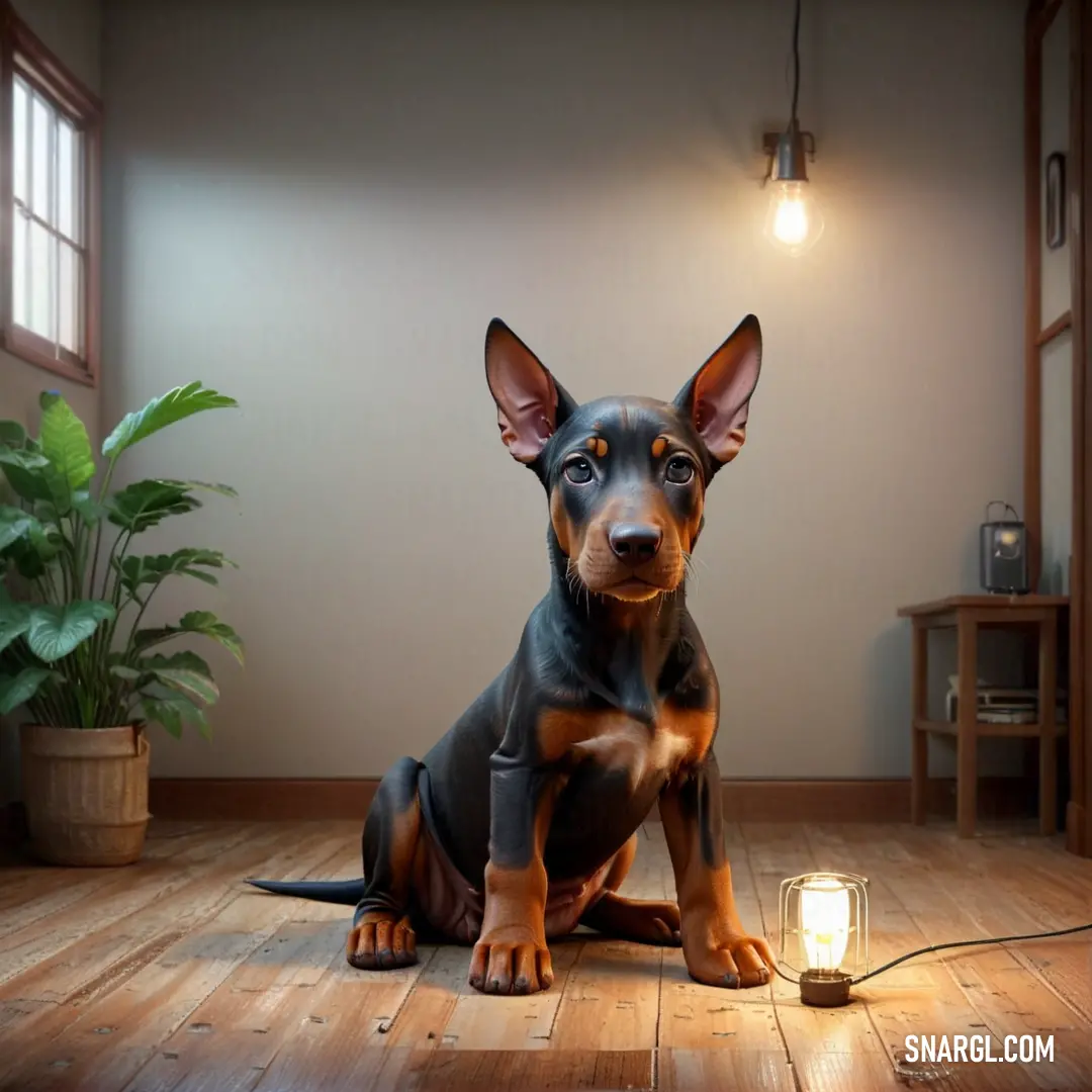 Dog on a wooden floor next to a light bulb and a potted plant in a room