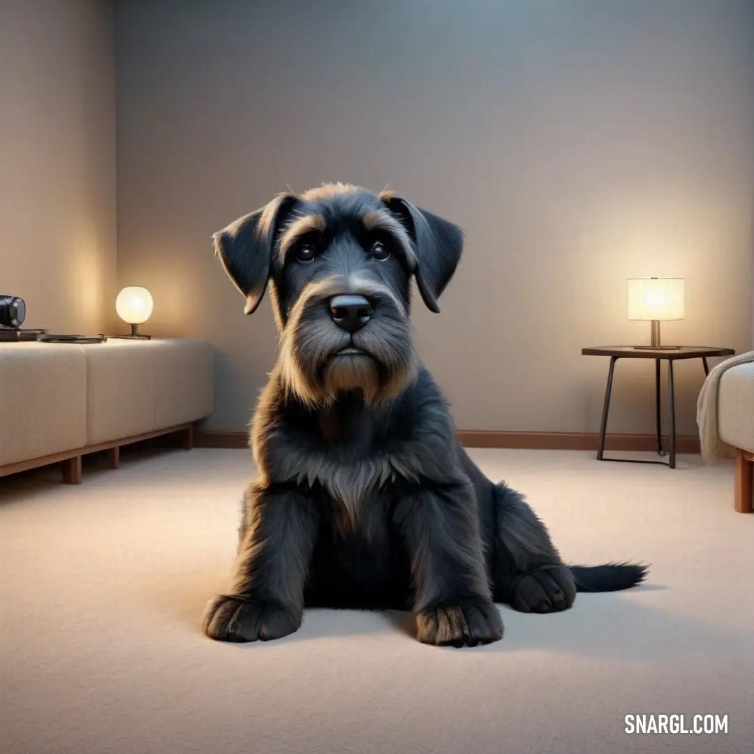Dog on the floor in a room with a couch and lamp on the side of the room