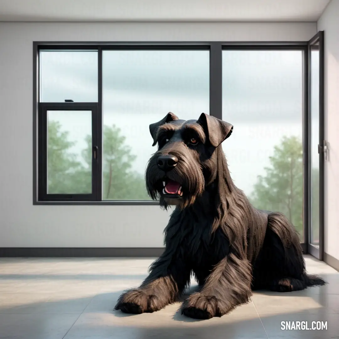 Dog on the floor in front of a window with a view of the outside of the room