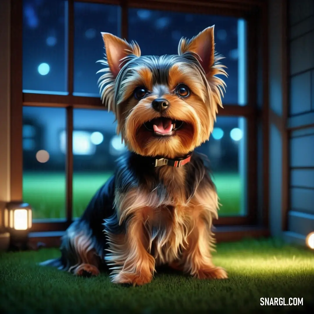 Dog on the grass in front of a window at night with a lit candle in the background