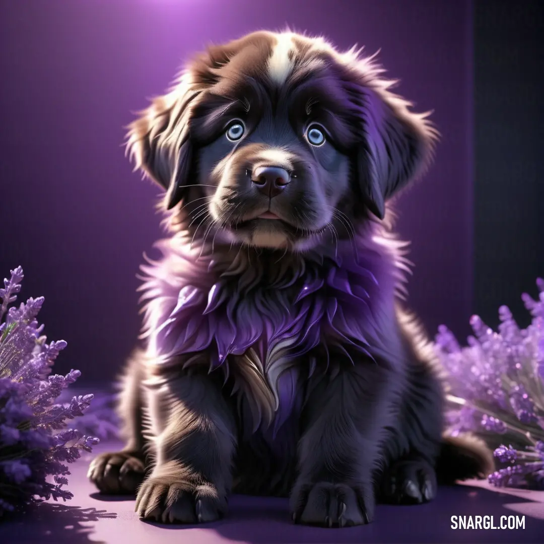 Dog that is down in the grass with a purple background and a purple light behind it