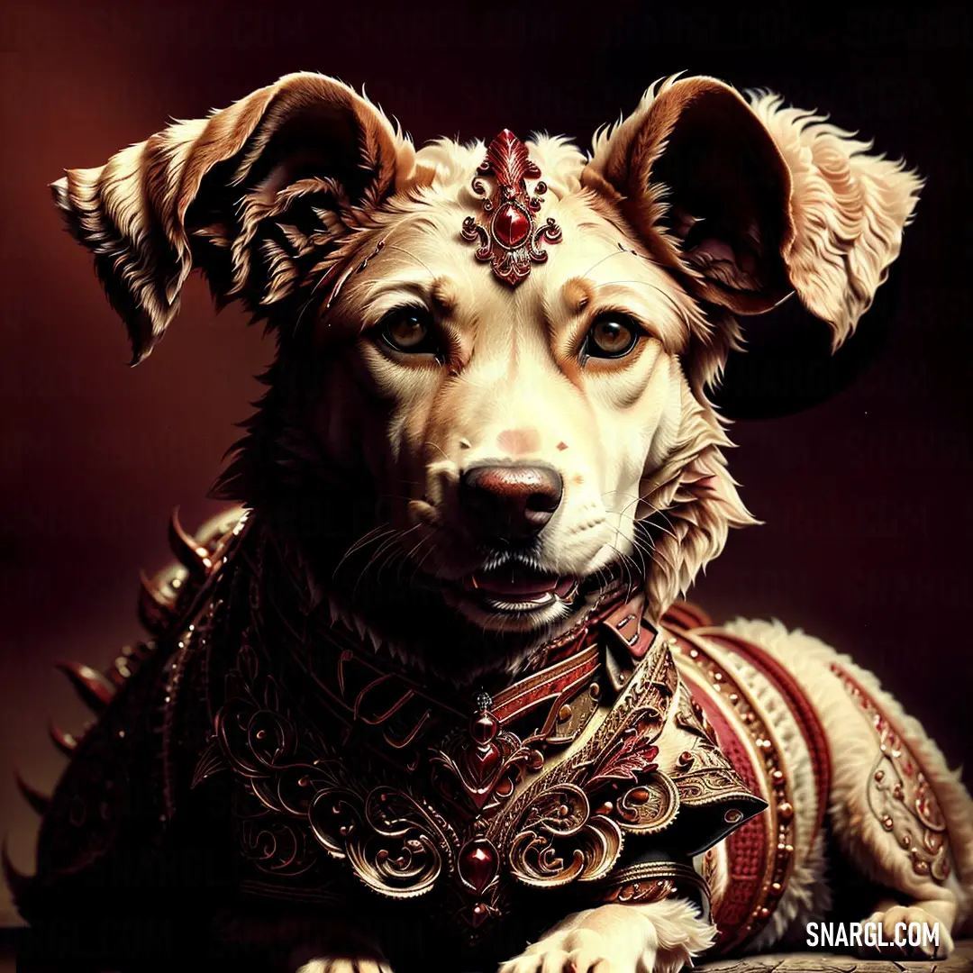 Dog wearing a costume and a collar with a jeweled collar and collar on it's head