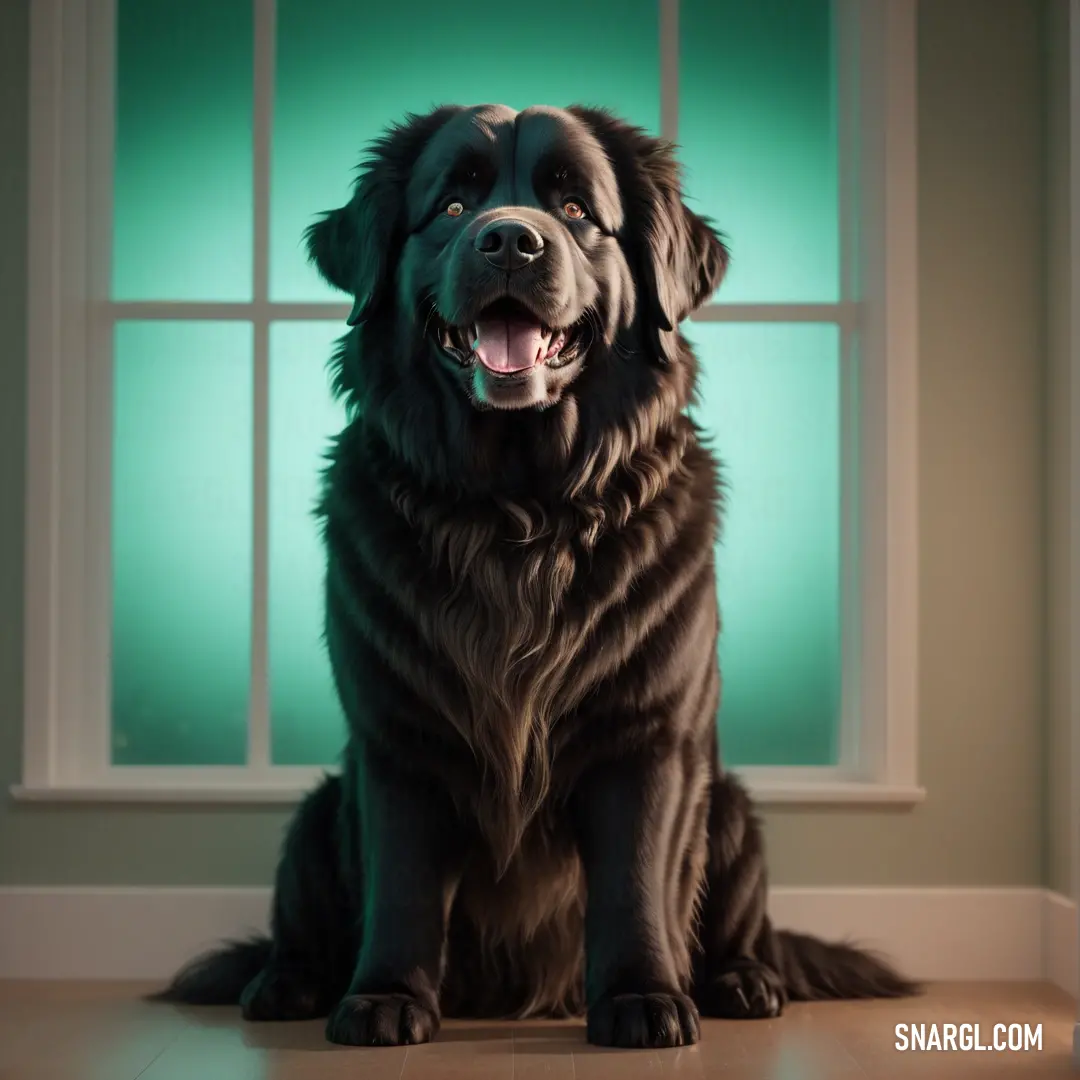 Large black dog in front of a window with a green background and a green light behind it