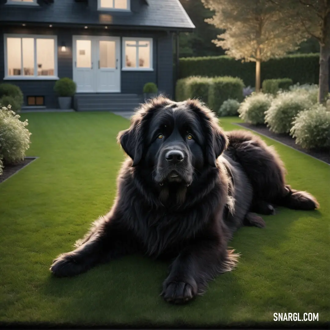 Large black dog laying on top of a lush green field next to a house at night with lights on