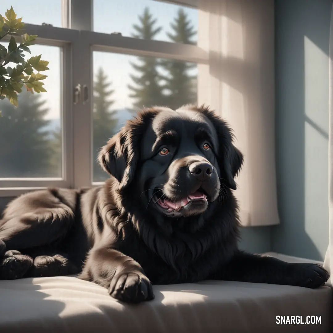 Large black dog laying on top of a couch next to a window with a plant in it's mouth