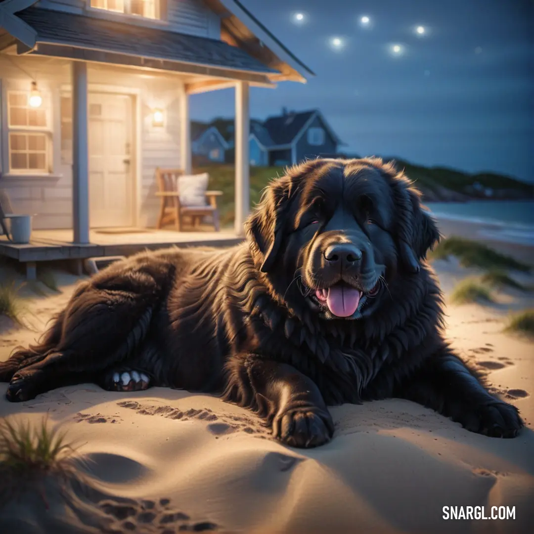 Large black dog laying on top of a sandy beach next to a house at night with a full moon