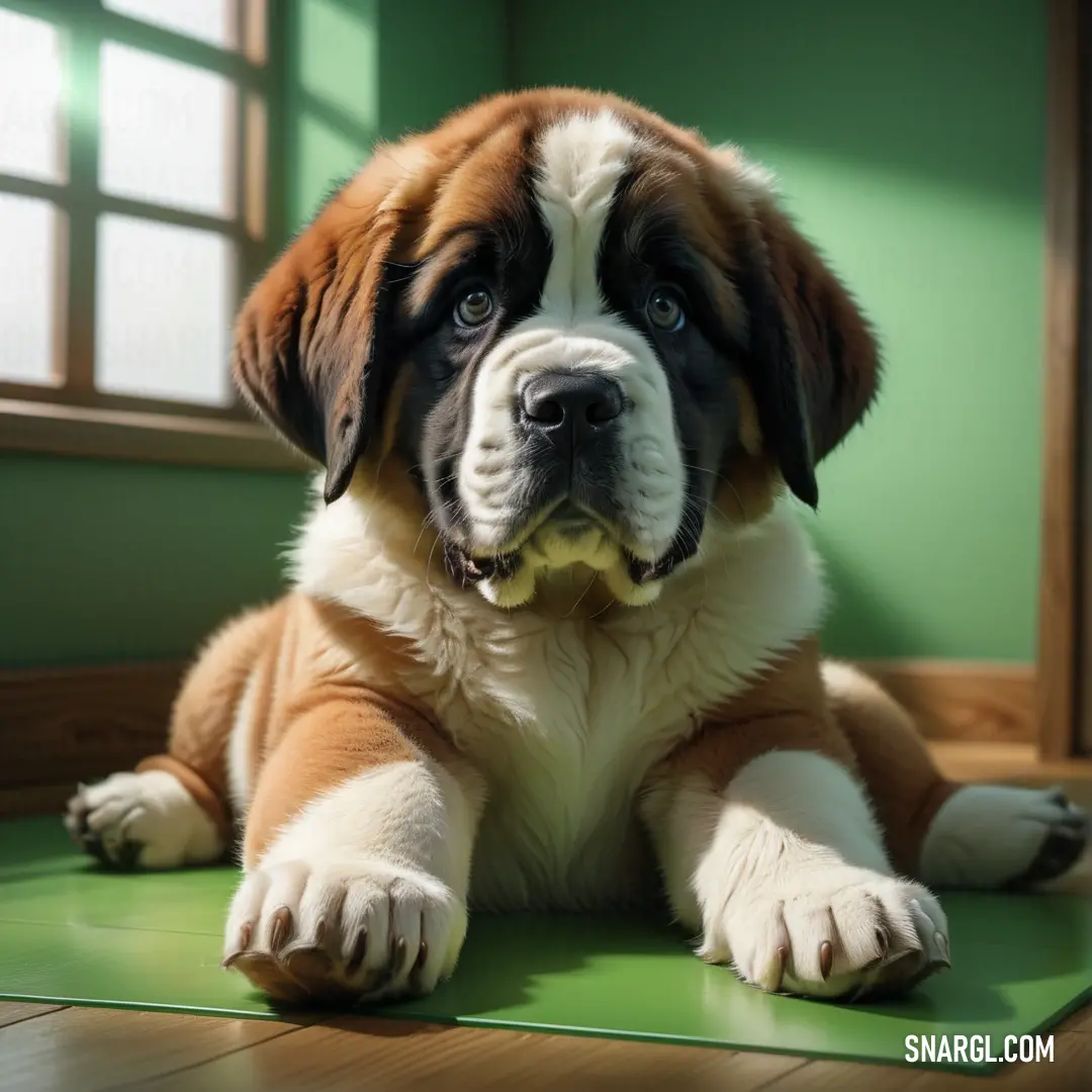Large brown and white dog laying on a green mat in front of a window