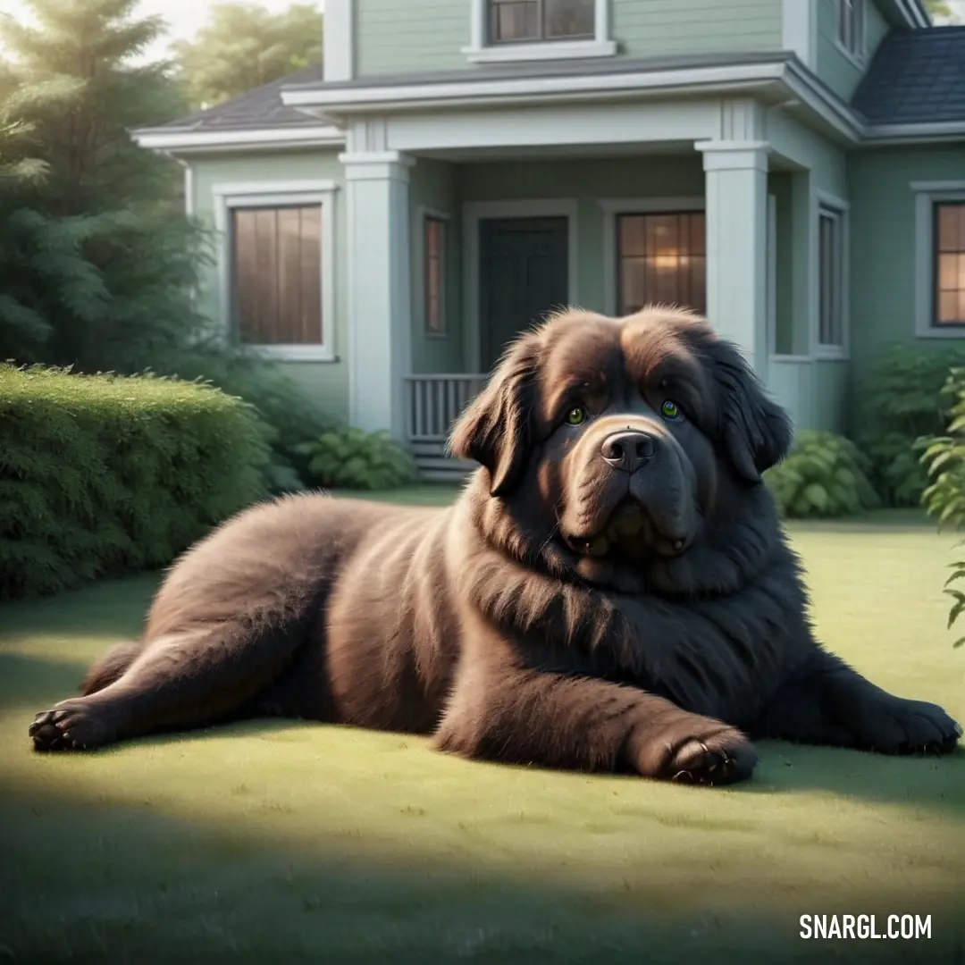 Large brown dog laying on top of a lush green field next to a house and bushes