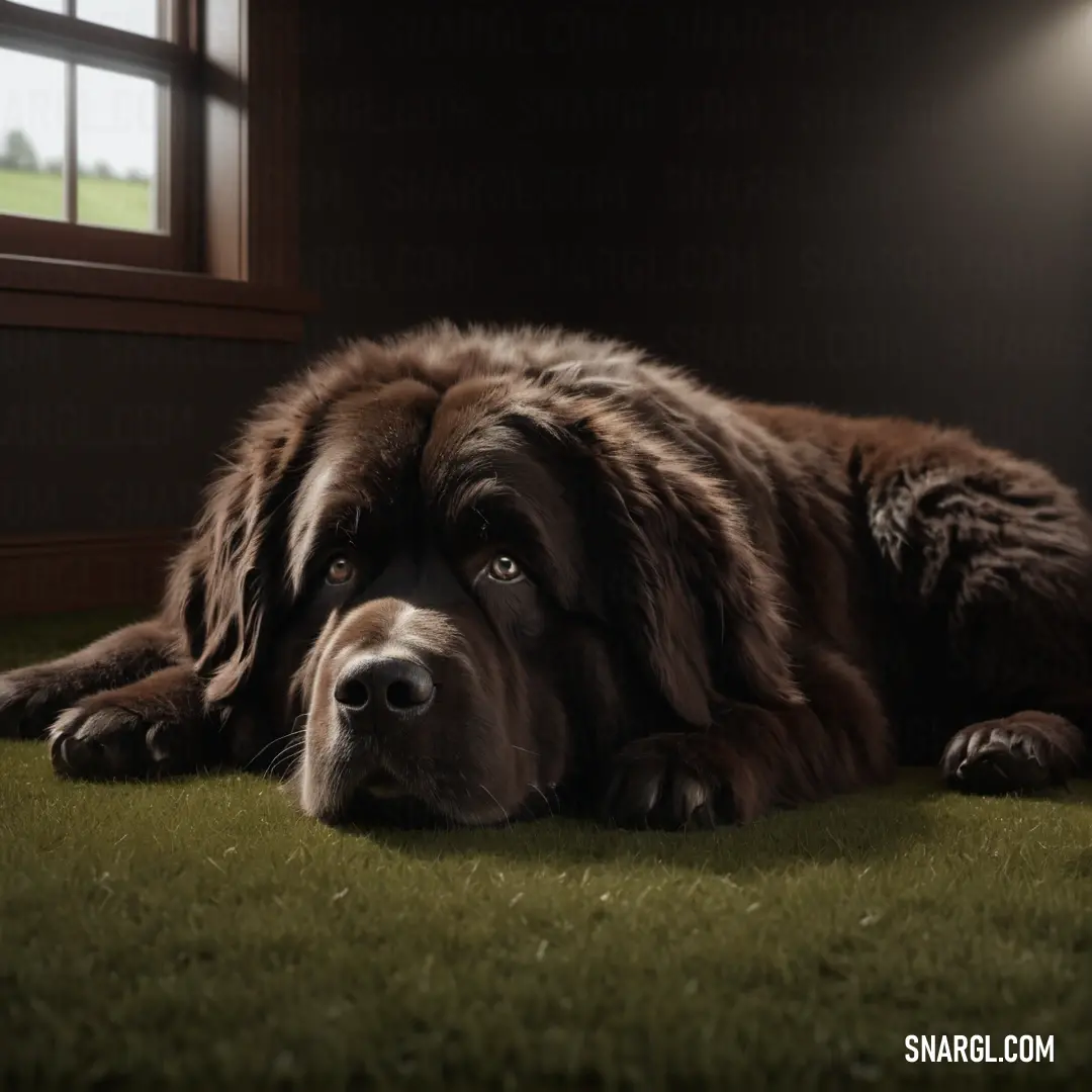 Large brown dog laying on top of a green carpet next to a window with a light on it