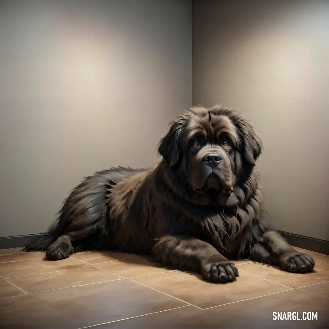 Large brown dog laying on top of a tile floor next to a wall with two lamps on it