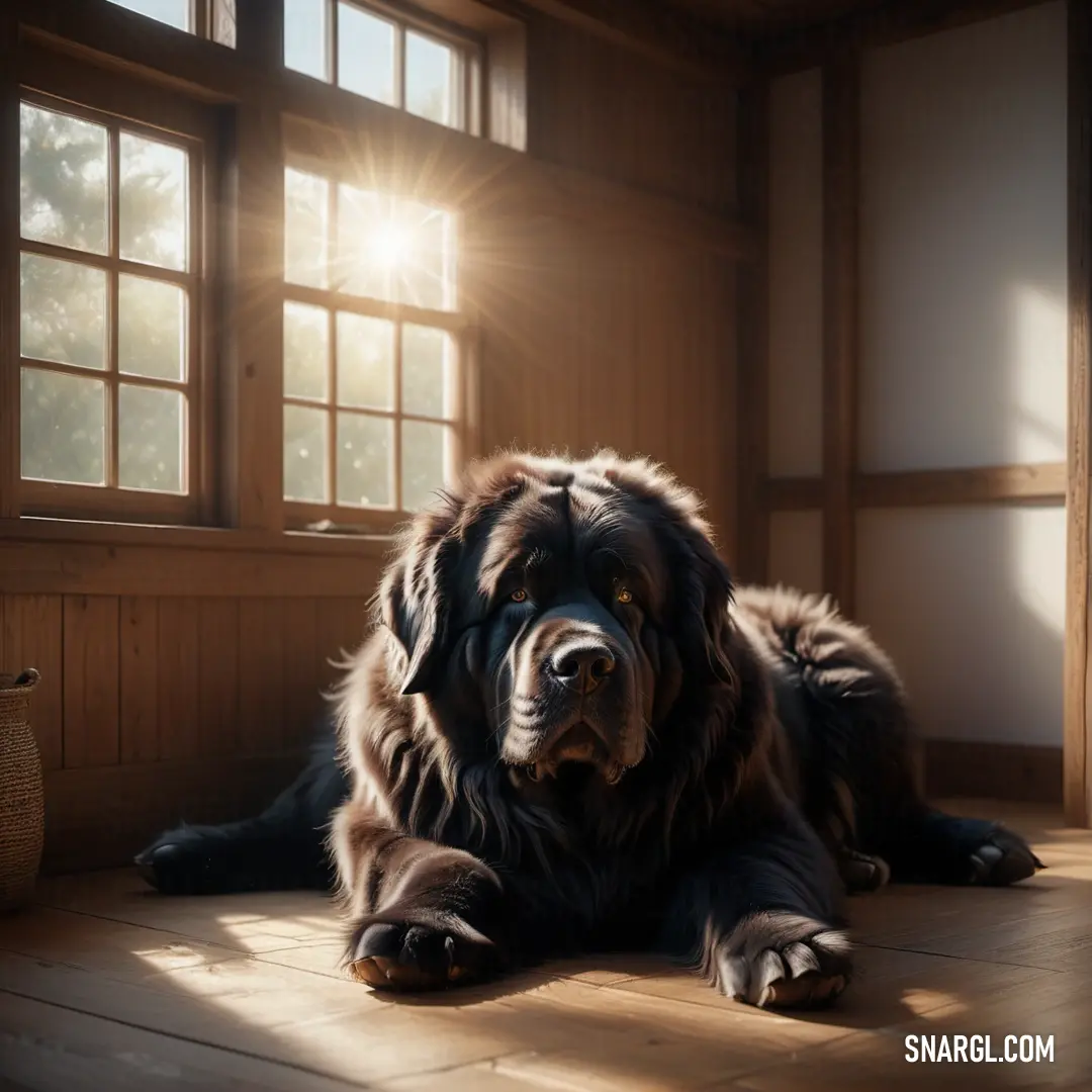 Large dog laying on a wooden floor in front of a window with sunlight streaming through it's windows