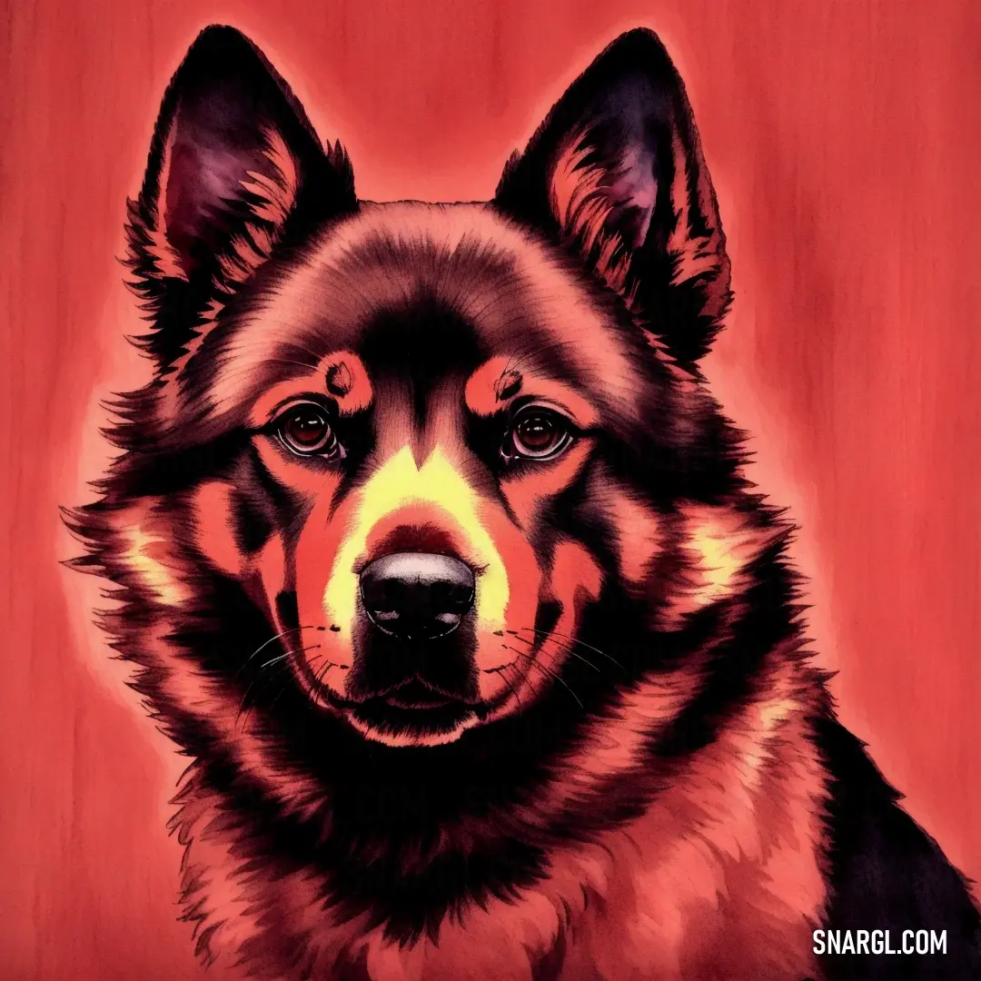 Painting of a dog on a red background with a black and brown dog's face and ears