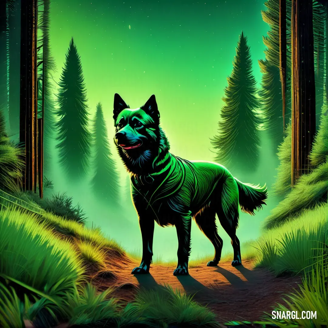 Painting of a dog in a forest with a green background