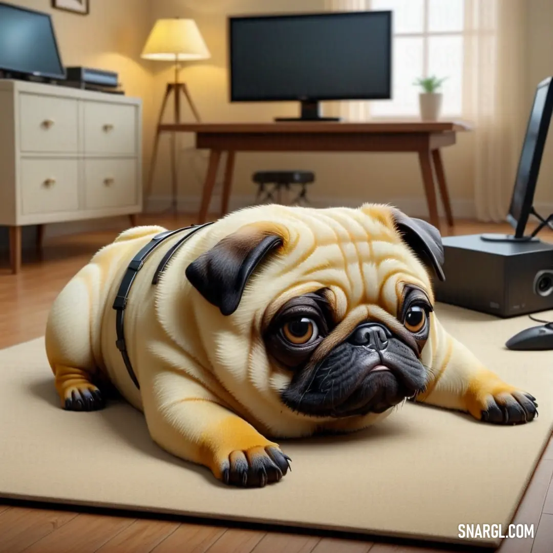 Pug dog is laying on a rug in a living room with a computer and a television in the background