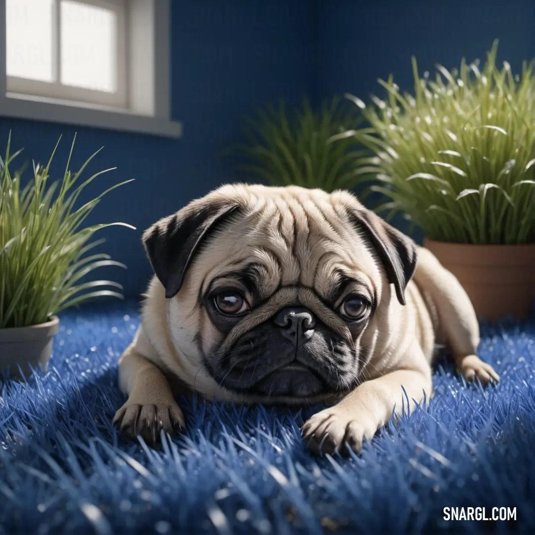 Pug dog laying on a blue carpet next to a potted plant and a window