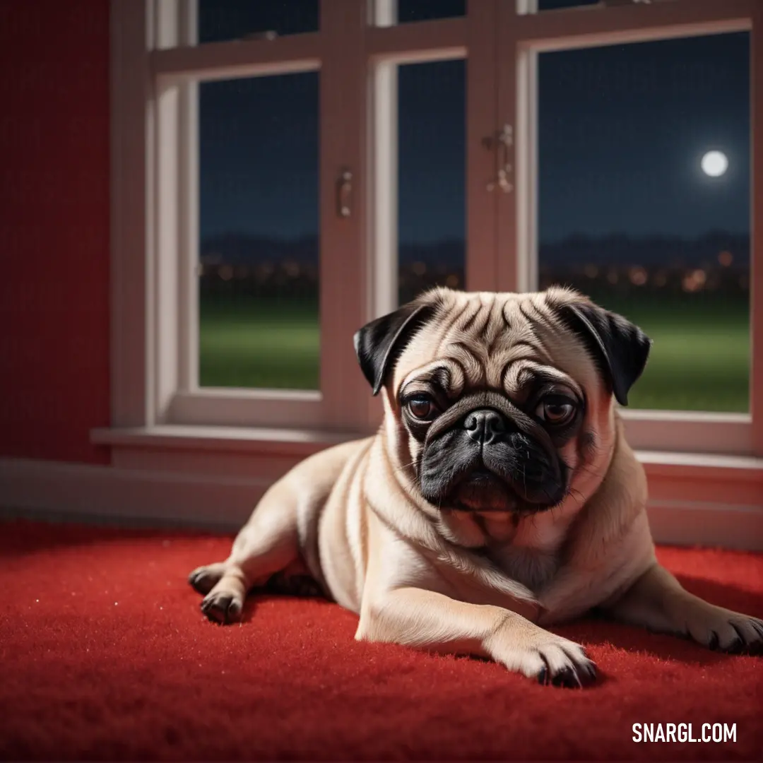 Pug dog laying on a red carpet in front of a window with a full moon in the background