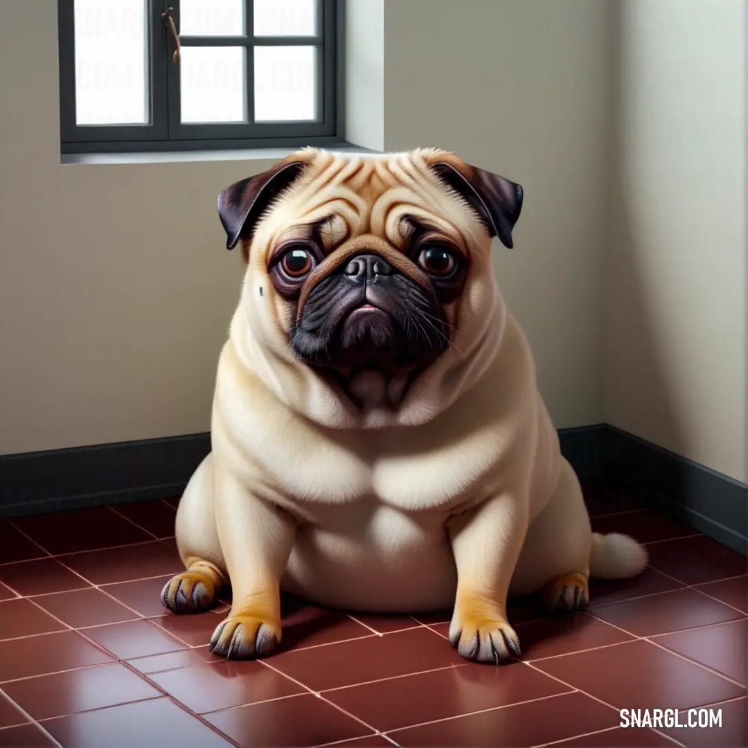 Pug dog on a red tile floor next to a window with a black frame and a white wall