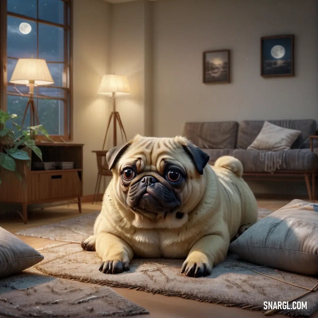 Pug dog on a rug in a living room with a couch and lamp in the background