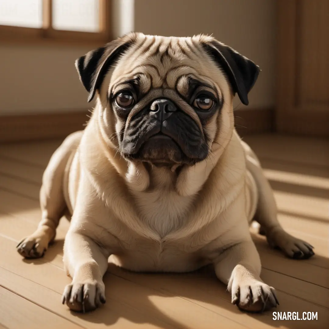Pug dog on a wooden floor looking at the camera with a sad look on its face