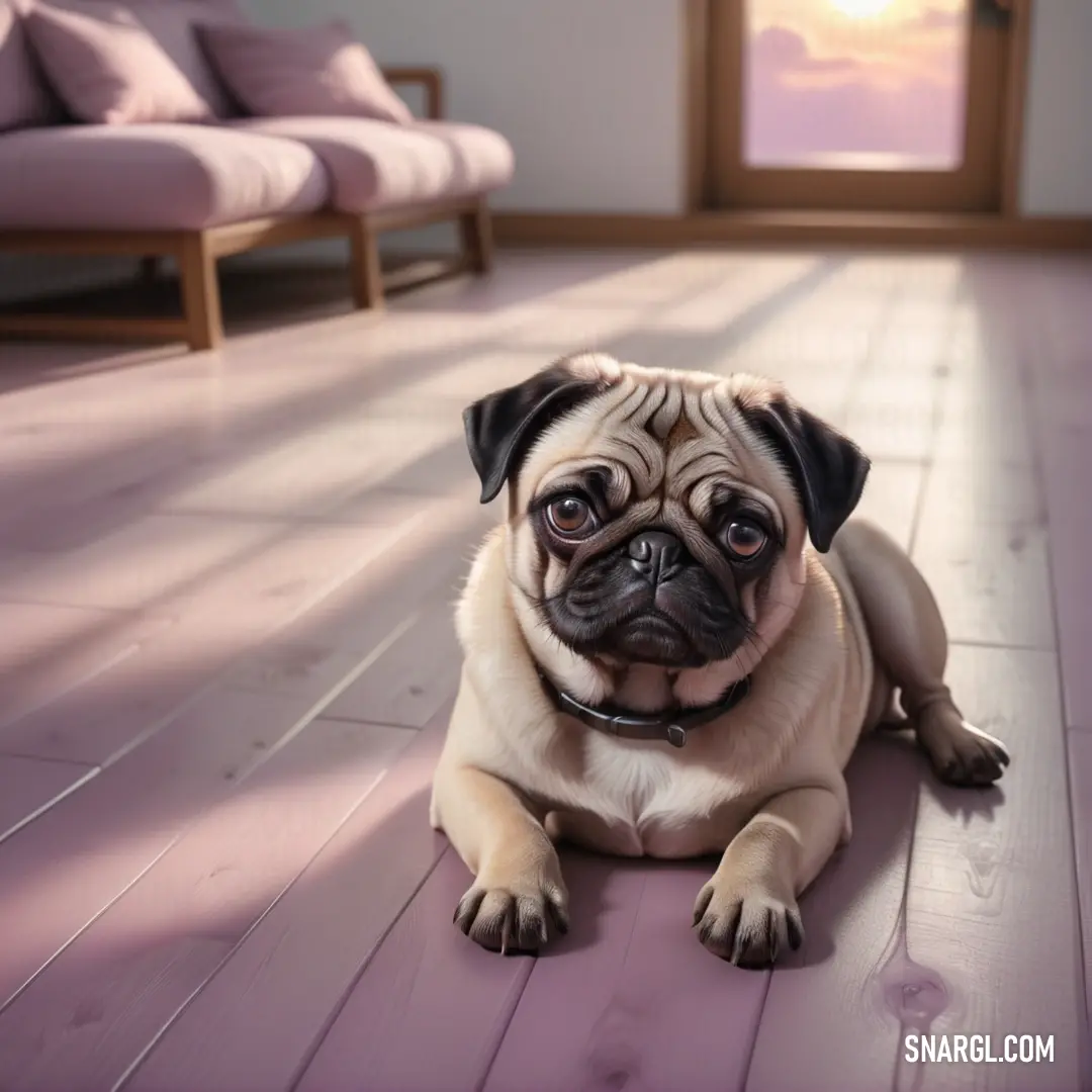 Pug dog on a wooden floor in front of a couch and a window with a pink sky