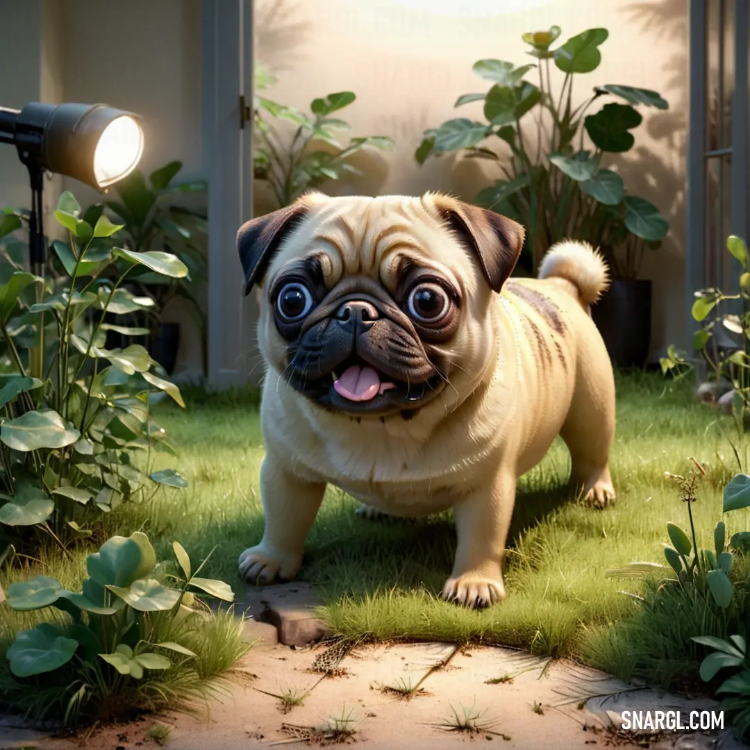 Pug dog standing in the grass with a light on its head and a camera on its shoulder