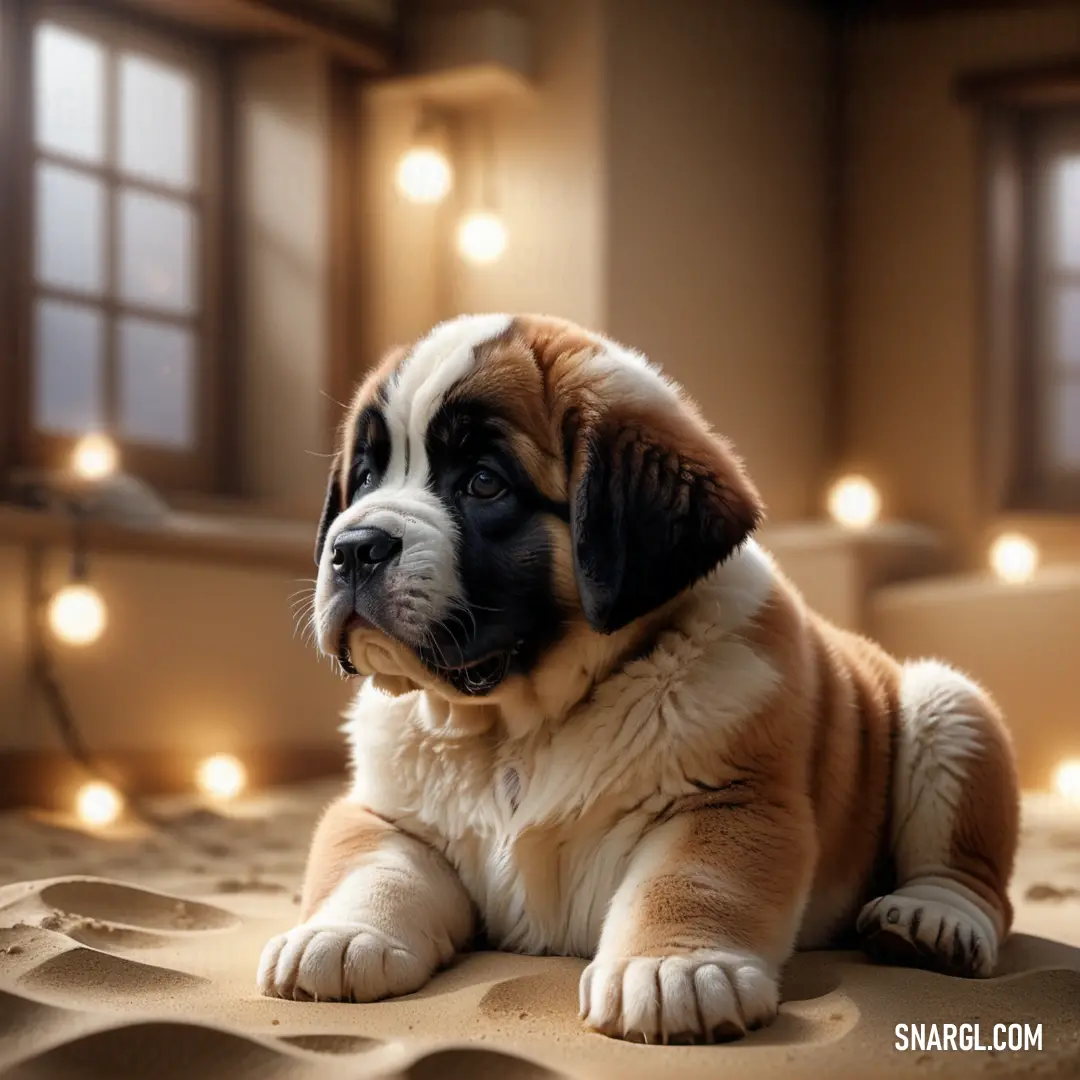 Puppy is on a bed with a christmas light in the background and a window behind it that is lit up