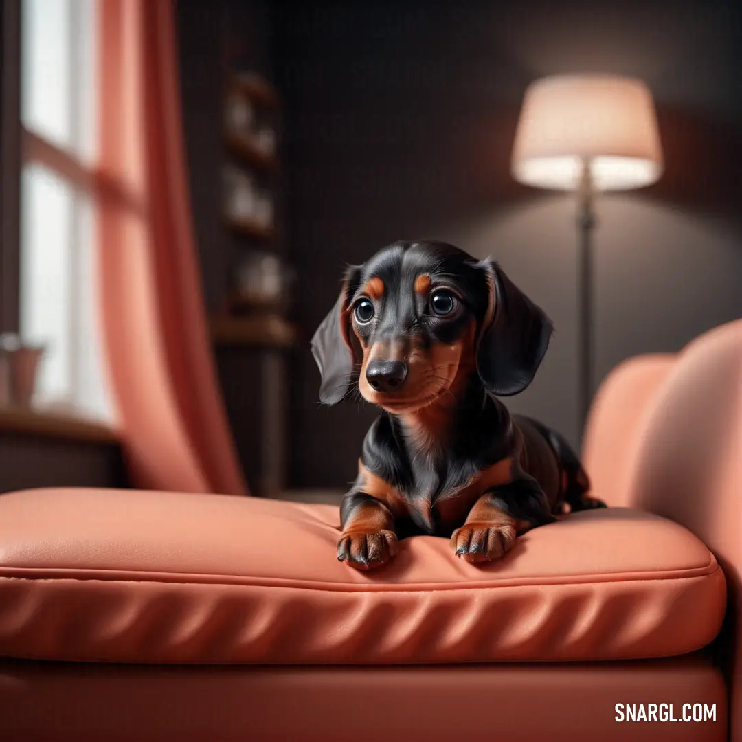 Small black and brown dog on a pink couch next to a lamp and a window in a room
