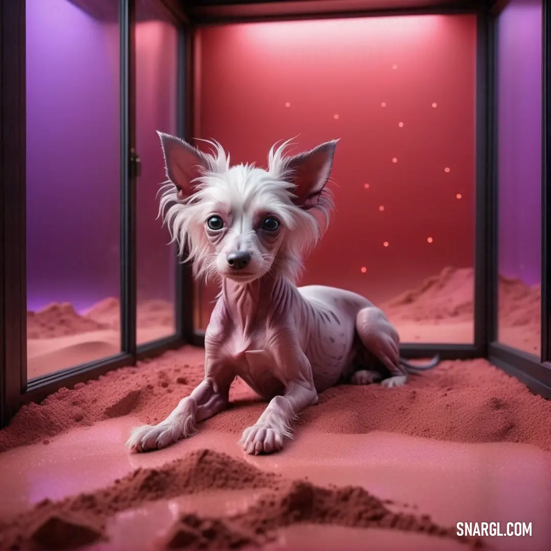 Small dog in a room with sand on the floor and a red background with a purple light