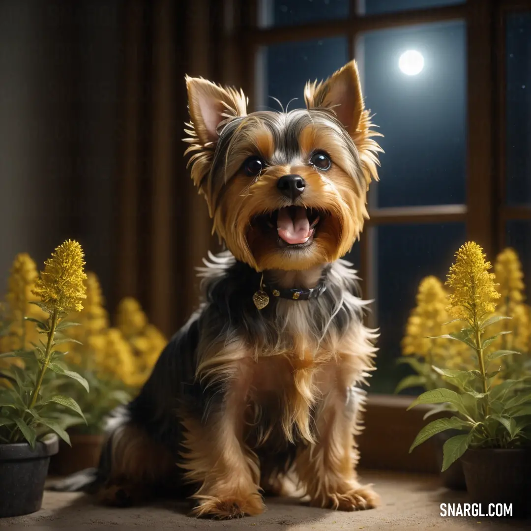 Small dog in front of a window with a full moon in the background and a plant in the foreground