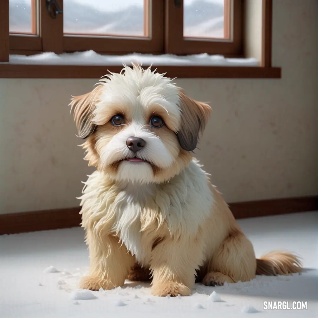 Small dog in the snow in front of a window with snow on the ground