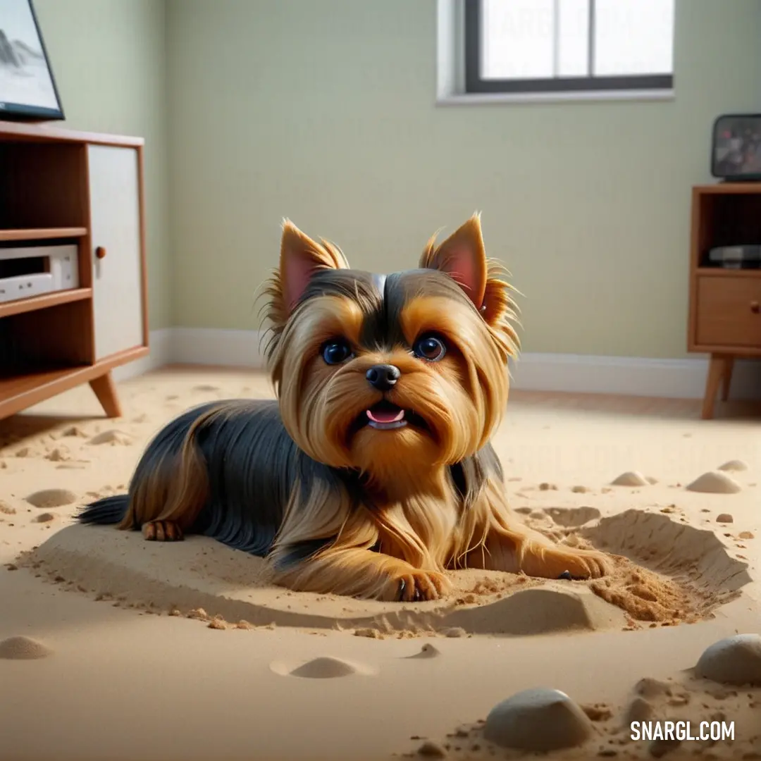 Small dog is in the sand in a room with a television and a dresser in the background