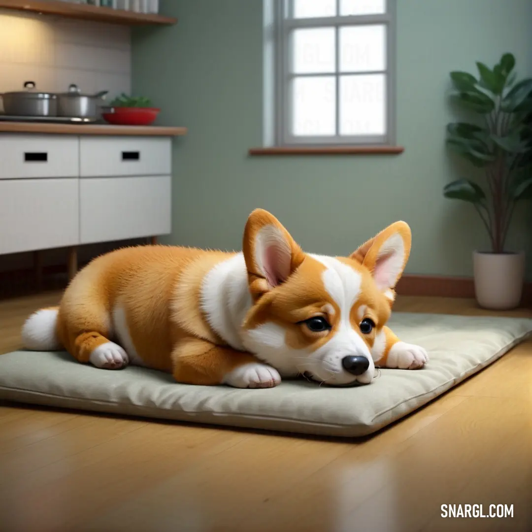Small dog laying on a pillow on the floor in a room with a potted plant and a window