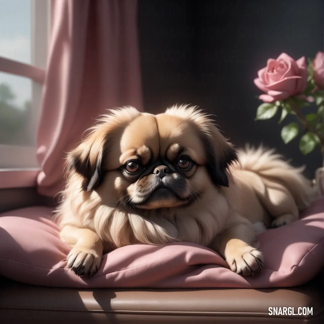 Small dog laying on a pink pillow next to a rose vase and window sill