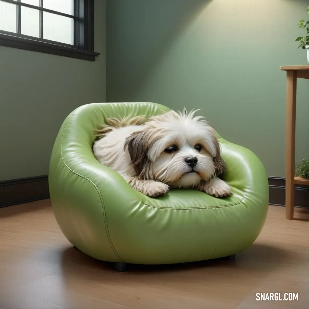 Small dog laying on a green chair in a room with a wooden floor and a plant in the corner